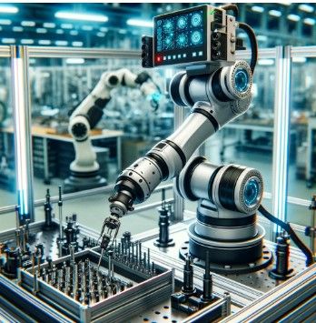 A robotic arm equipped with cameras and sensors, precisely assembling components in an image generated by DALL·E 3.