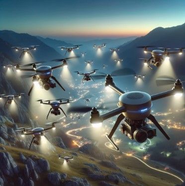 An image of a swarm of drones performing a search and rescue operation generated by DALL·E 3.
