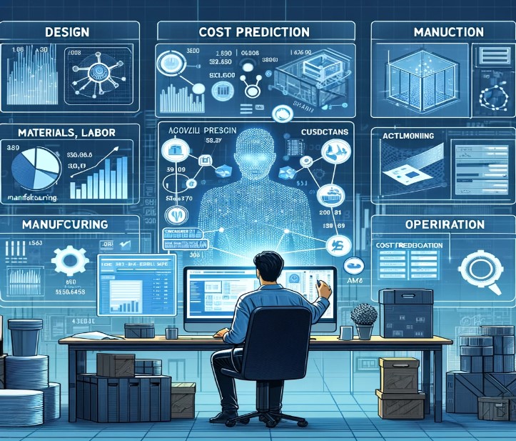 Fig. 3 - An illustration of a designer at an AI-powered workstation, surrounded by a holographic display to show the concept of material, labour, manufacturing, and potential operational costs in design. The image is generated by DALL-E.
