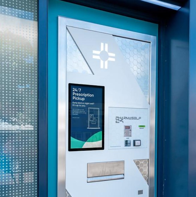 Figure 1 – The ‘PS24 Multi’ medication pickup point, introduced by Omnicell. It offers a capacity of 180 items (24-hour prescription collection | Medicine vending | Pharmaself24).